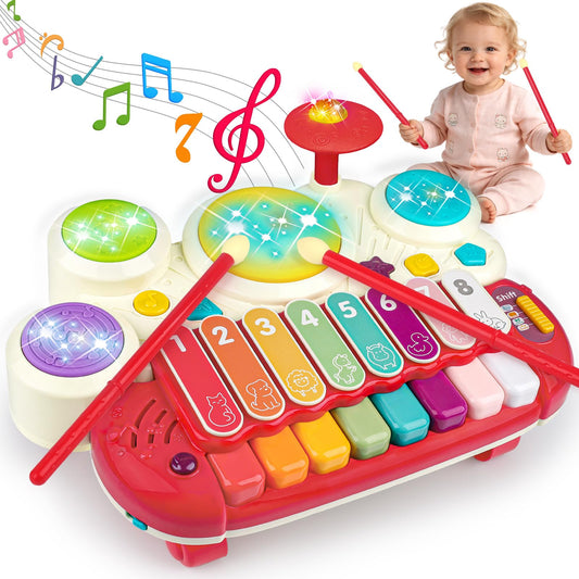 3 in 1 Musical Toys for Toddlers 1-3 Piano Xylophone Drum Set Toys for 1 2 3 Year Old Girls Birthday Music Instruments Baby Learning Developmental Sensory Toys Toddler Toys Age 1-2 2-3
