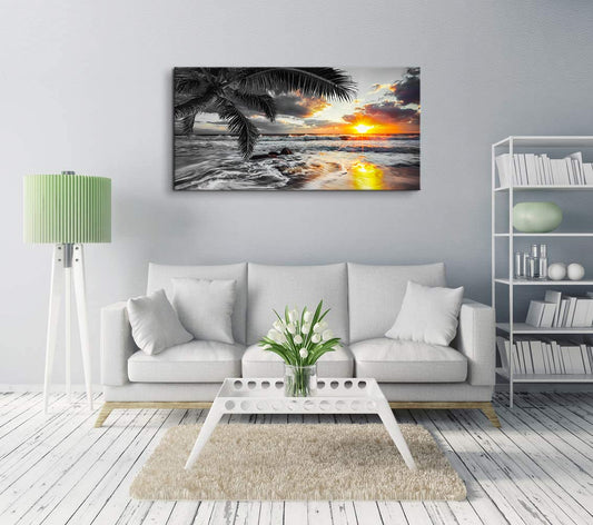 Yxbhhym-Large Canvas Black White Gold Ocean Wall Art Sunset Beach Pictures Coastal Painting Sunrise Seascape Scenery Print Palm Poster Sea Artwork for Bedroom Wall Art Living Room Office Décor