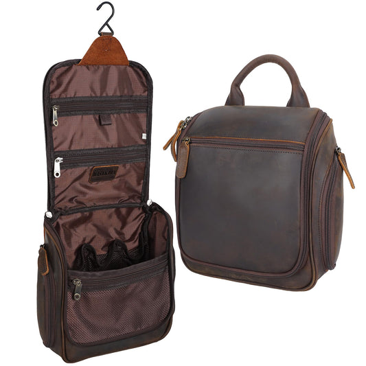 Masa Kawa Leather Hanging Travel Toiletry Bag for Men Portable Expandable Camping Cosmetics Makeup Toiletries Organizer Vintage Bathroom Shaving Kit Brown Wash Bags