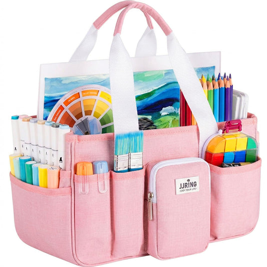 Jjring Craft Organizer Tote Bag, Portable Art Caddy with Adjustable Divider&Secure Zipper Pocket, Large Foldable Storage Tote for Scrapbooking, Sewing, Artist and Home(Pink)