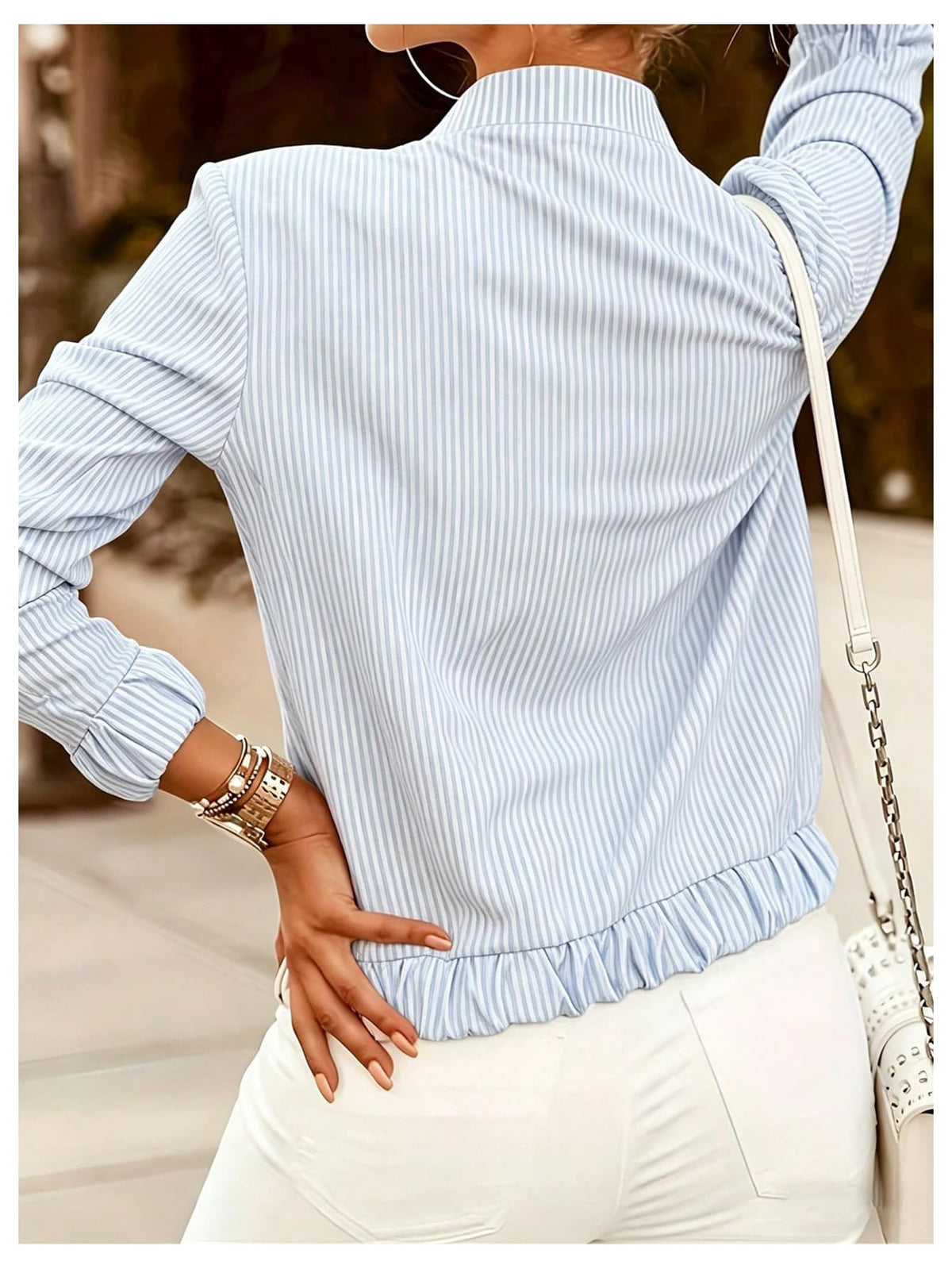 SOLY HUX Women's Striped Bomber Jacket Zip Up Long Sleeve Lightweight Jackets Casual Work Fall Outerwear Light Blue Medium