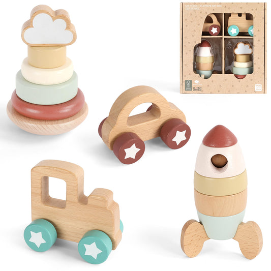 FReniland Wooden Montessori Toys, 4-Piece Wooden Baby Toy, Rainbow Stacking Ring,Car Push and Pull Toy, Rocket Stacking Ring Babys Toys,Newborn Baby Gift Sets for Boys and Girls