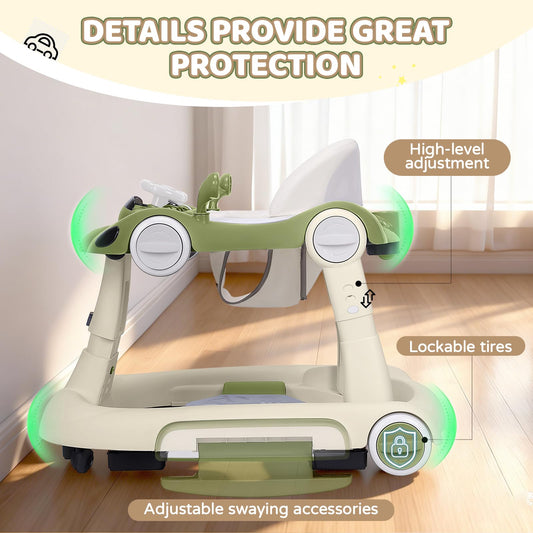 Baby Walker with Wheels, 5-in-1 Foldable Infant Toddler Walker for Boys Girls 6-18 Month, Music Walker for Baby with Car Steering Wheel &Removable Footrest,Baby Push Walker Green