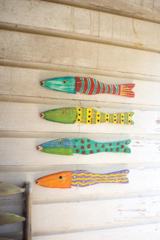 Kalalou A5688 Animals/Insects Set of 4 Recycled Wood Folk Art Fish in Multi Finish, 3.00 inches
