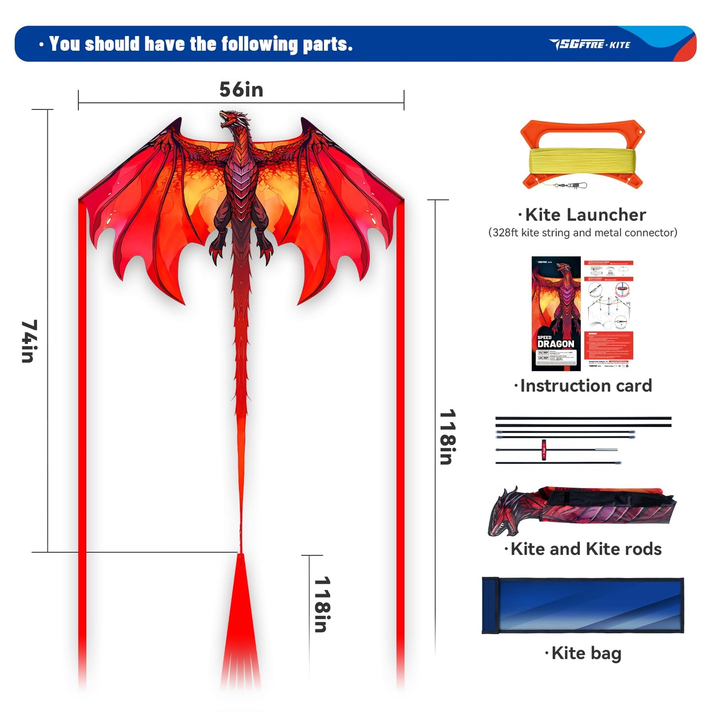 SGftre Complete Kite with Handle, Line & Accessories,Easy to Fly for Kids & Adults, Perfect for Beach, Park, Family Outdoor Activities (Speed Dragon Red, 1)
