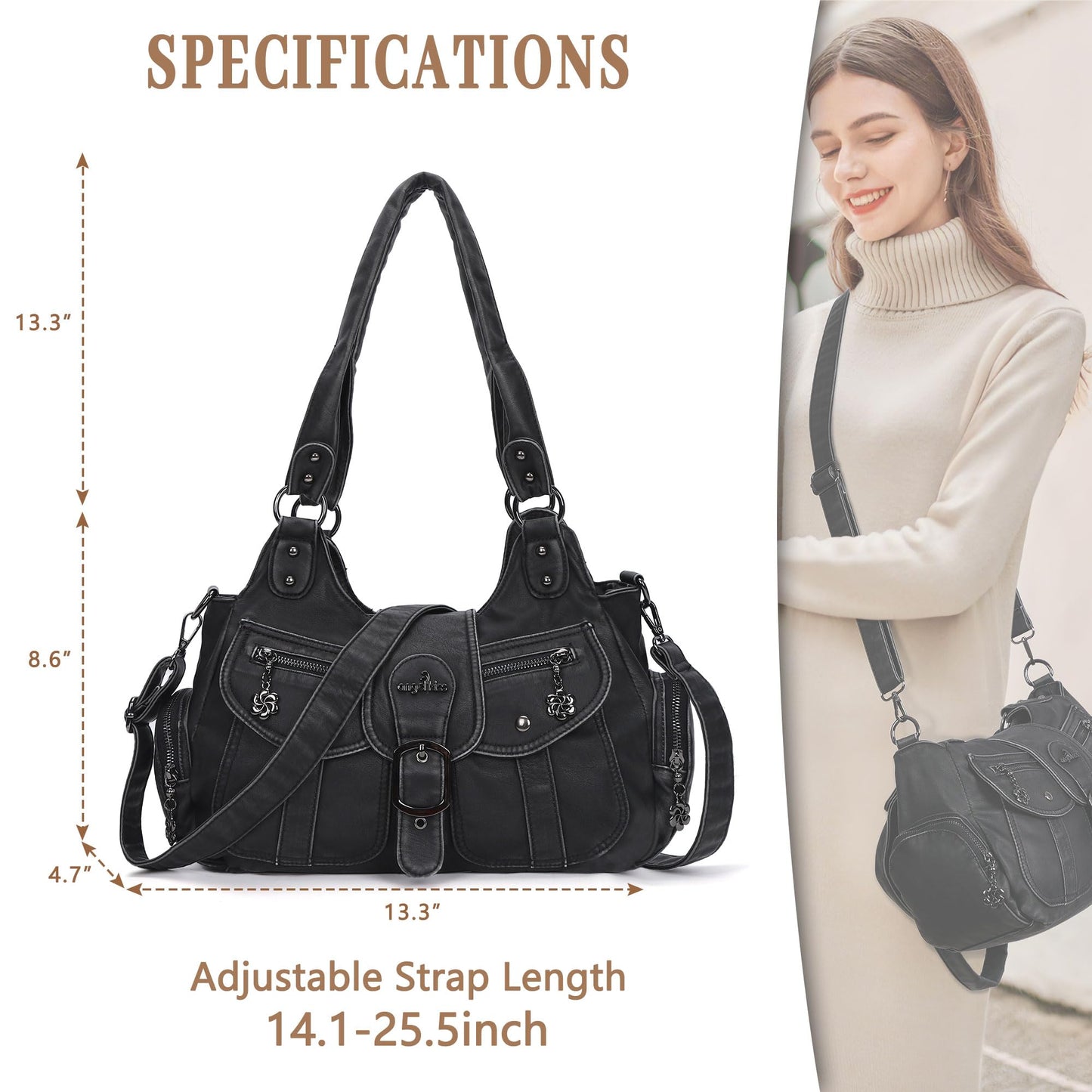Angel Kiss Hobo Bags for Women Vegan Leather Shoulder Purses and Handbags Ladies Roomy Tote Bags Purse with Crossbody Strap,Black