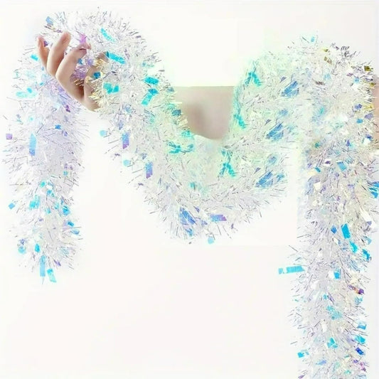 1Pc White lridescent Garland, Metallic Hanging Garland for Christmas Tree Wedding Anniversary Date, Perfect for Indoor Fireplace Home Decoration
