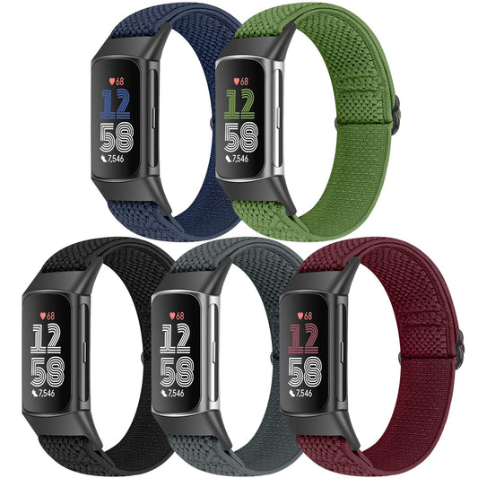 Bcuckood 5 Pack Elastic Nylon Watch Bands Compatible for Fitbit Charge 6/Fitbit Charge 5, Adjustable Breathable Replacement Stretchy Nylon Loop Wristband Sport Strap for Women Men