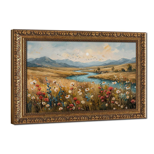 Vintage Gold Framed Western Mountain Landscape Canvas Wall Art Rustic Country River Wildflower Meadow Painting Farmhouse Living Room Decor 8" L X 12" W