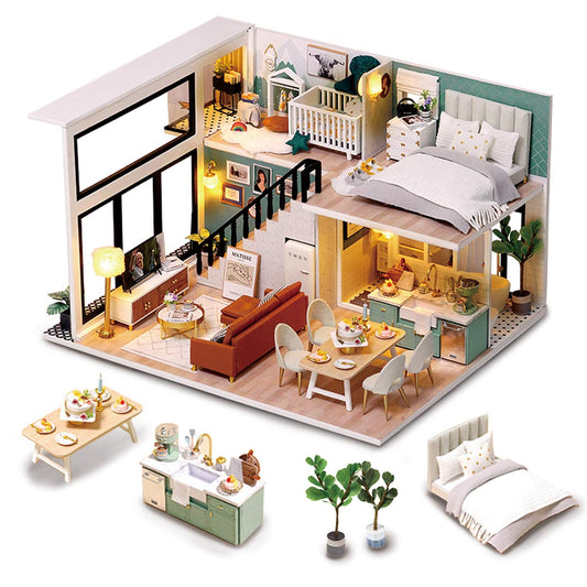 GuDoQi DIY Miniature Dollhouse Kit, Tiny House with Furniture and Music, 1:24 Scale, Great Crafts Gift for Birthday Christmas Day, Comfortable Life