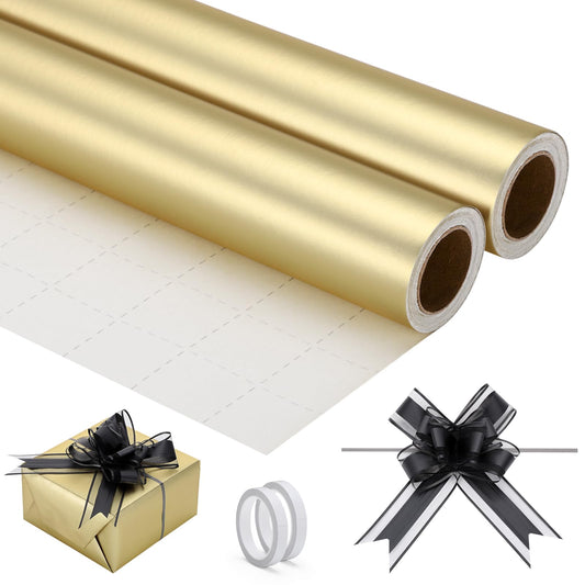 EUSOAR Gold Wrapping Paper, 2 Rolls(17 in x 32.8ft Each) Matte Gift Wrap with 20pcs Black Pull Bows, Gifts Wrapping Paper Crafts DIY Bouquet Packaging Supplies for Wedding Birthday Bridal Party
