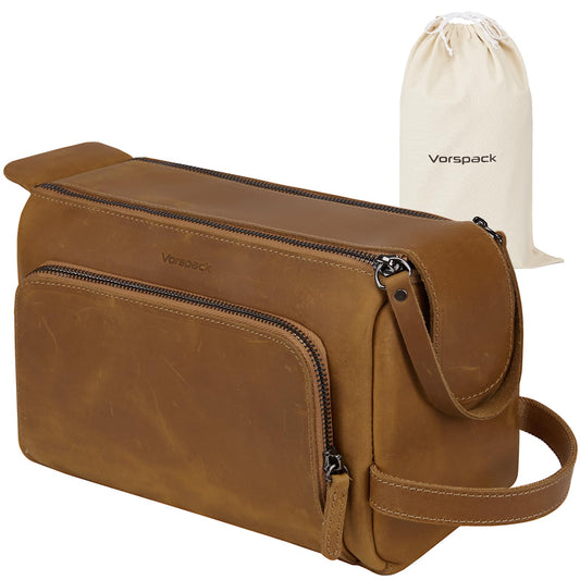 Vorspack Genuine Leather Toiletry Bag for Men - Water Resistant Travel Bag for Toiletries, Essentials, Accessories - Light Brown