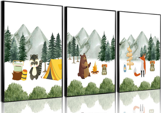 3Pcs Woodland Animal Nursery Canvas wall art Cute Bear Fox Raccoon Poster Print Safari Nursery Wall Decor Forest Animals Camping Campfire pictuer painting Boys Kids Room Home Decoration12*16In Unframed