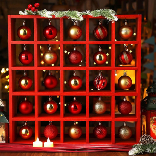 Cinnvoice Christmas Holiday Ornament Displays Rack Wooden Hanging Stand Holder Hanger for Christmas Ball Display Shelf Cabinet for Craft DIY Wall Decorations Gift (Red,25 Compartment)