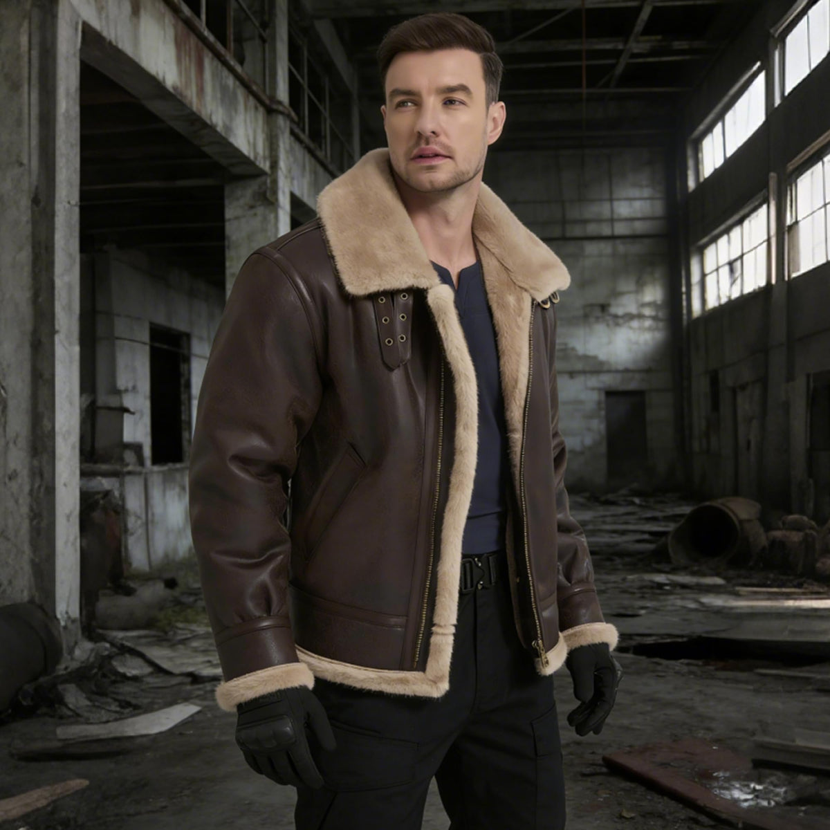 Mifidy Mens Leather Jacket, Brown Motorcycle Bomber Jacket Leon Comfort Fur Shearling Flight Breathable Durable Comic Con Cosplay Coat Birthday Gift Small
