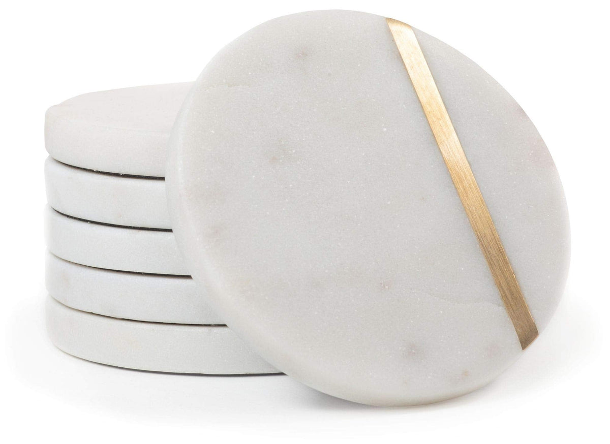 Cork & Mill Marble Coasters Set of 6 - Luxury Aesthetic Modern Decor for Coffee Table- White Marble with Gold Brass Inlay - Real Natural Semi Absorbent Stone Coasters