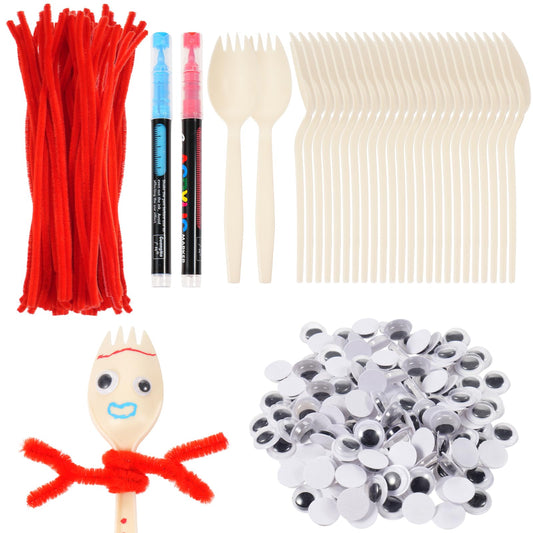 YEXEXINM 100 Sets Fork Craft Kit Disposable Creativity Sporks Fork Creativity Set Include Sporks Red Pipe Cleaners Self Adhesive Wiggle Googly Eyes and Marker Pens,Make Your Own Craft Kit
