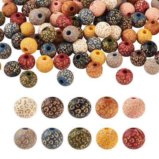 KISSITTY 100pcs/box Painted Wooden Beads for Crafts Natural Wood Beads Leopard Print Beads 10 Colors for DIY Bracelet Necklace Earrings Jewelry Making About 10mm in Diameter