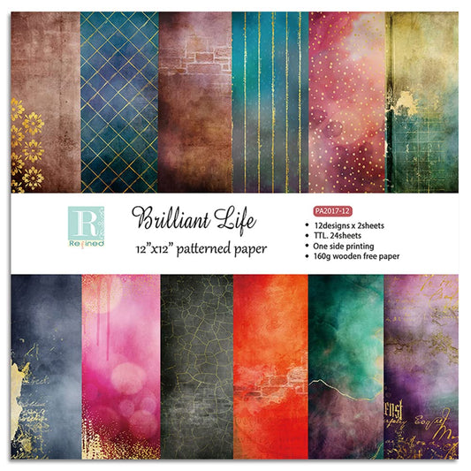 Scrapbook Paper Pad Pack 12x12,Brilliant life Vintage Pattern Double Sided Printed Classic Old Looking Background Craft Paper for Scrapbooking Card Making Decoration,12 Designs 24 Sheets