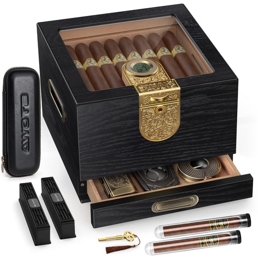 AWOTE Cigar Humidor with Digital Hygrometer and 2 Humidifiers, Cedar Wood Cigar Humidor Box with Drawer, Travel Cigar Case and Cigar Tubes, Desktop Humidor Box Gifts Cigar Accessories (Black)