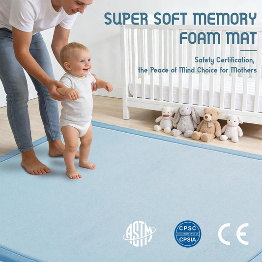 TreeBud Baby Play Mat for Floor, 1.3 Inch Thick Memory Foam Tummy Time Mat with Non Slip Backing, Soft Coral Velvet 71X79 Inch Playpen Mat Crawling Tatami for Infants Toddlers Kids, Midnight Blue