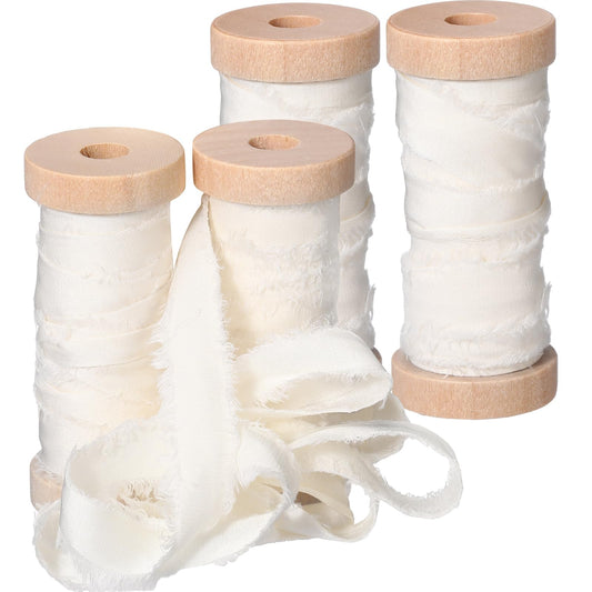Mindsoft Frayed Chiffon Ribbon for Craft Silk Satin Ribbons 1/2-1/4 Inch x 20 Yard Handmade Fabric Strips with Wooden Spool for Valentines Day Wedding Gift Wrapping(Ivory)