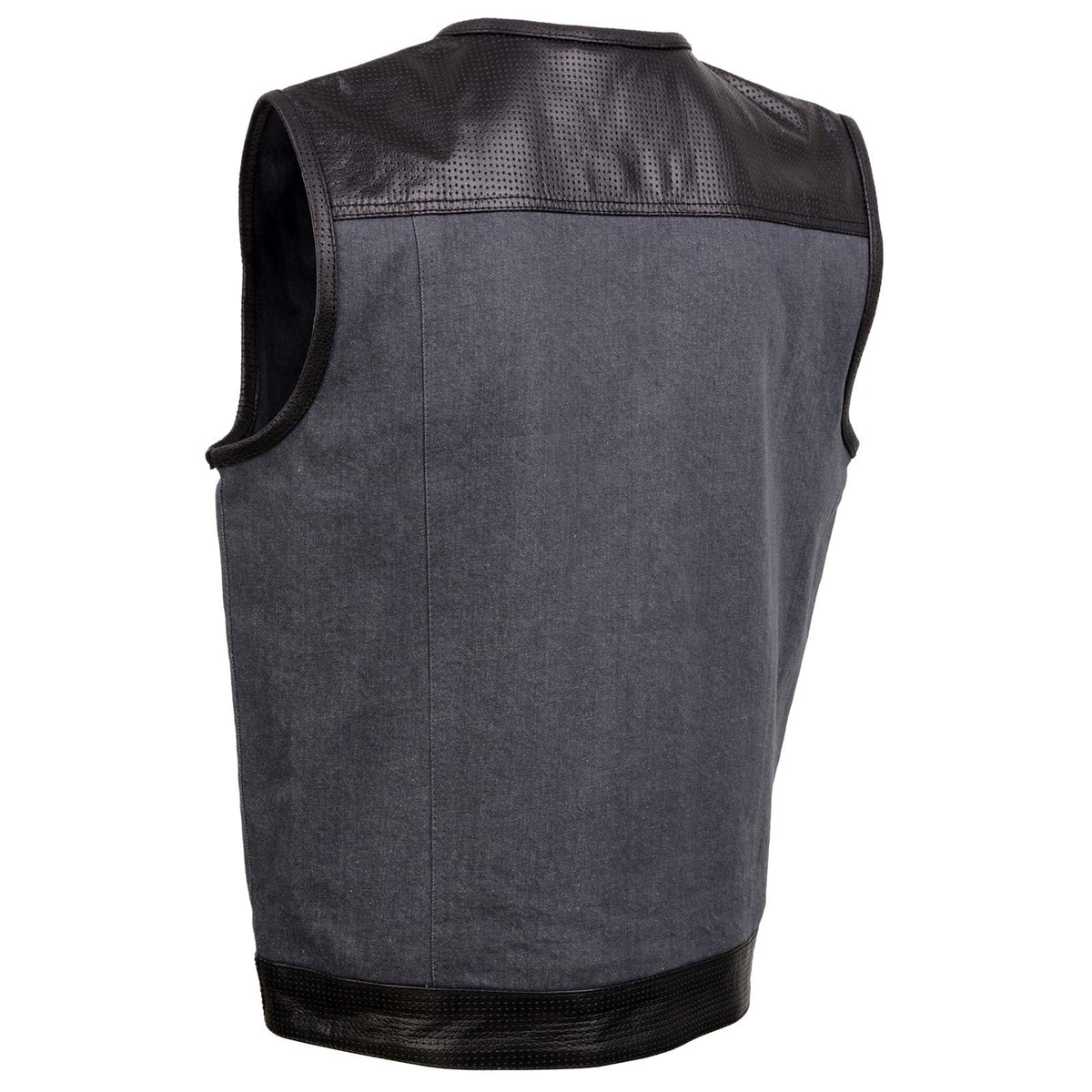 Milwaukee Leather MDM3005 Men's Brute Grey Denim w/Black Perforated Leather Club Style Vest w/Hidden Dual Closure - XXX-Large