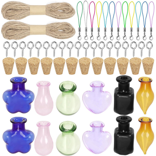 Swpeet 49Pcs 6Styles Mini Glass Bottles with Cork Stoppers, Eye Screws, Twine and Lobster Claw Clasps Assortment Kit, Mini Glass Jars Cork Stoppers Bottles for DIY Crafts Party Decoration