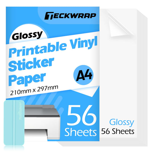 TECKWRAP Printable Vinyl Sticker Paper for Inkjet Printer, Glossy Inkjet Printable Vinyl, 8.26" x 11.69" A4 56 Sheets/Pack Printing Paper for Craft Scrap-Booking, Stickers, Labels