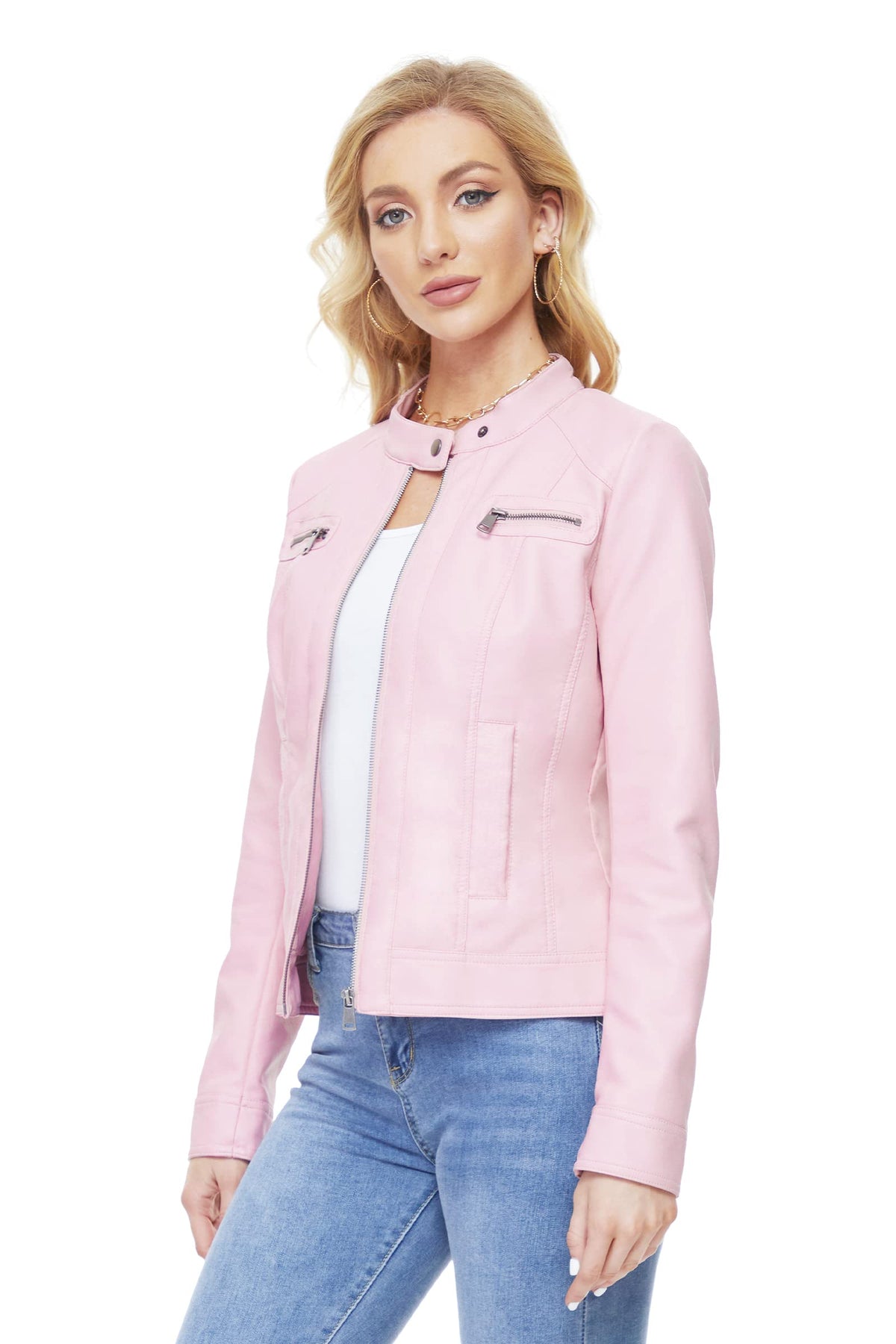 Fahsyee Women's Faux Leather Jackets, Zip Up Motorcycle Short PU Moto Biker Outwear Fitted Slim Coat Size S Pink