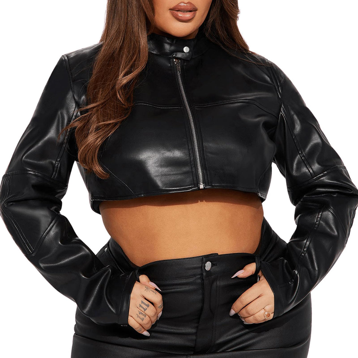 Charyeah Women's Fashion Faux Leather Jacket Crop Short Cropped PU Slim Zip Up Moto Biker Coat Motorcycle Jackets Coat (US, Alpha, Small, Regular, Regular, Black)