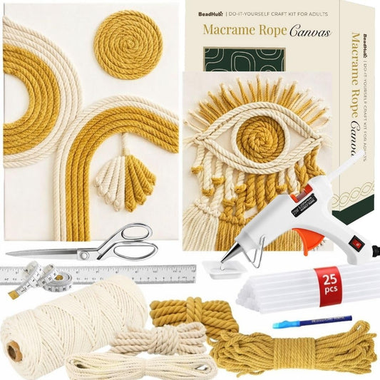DIY Rope Canvas Kit for Beginners - Complete Macrame Ropes Supplies & Tools | DIY Macrame Art Wall Hanging Decor Starter Set, Craft Kits for Adults, Boho Wall Art Aesthetic Home Decoration (Khaki)