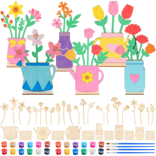 DoubleFill 34 Pcs Wooden Flowers DIY Craft Kit Self Standing Wood Spring Crafts Unfinished Wood Flower Slices Spring Flower Ornament to Paint Cute Tabletop Decor for Party Gift Activities Art Project