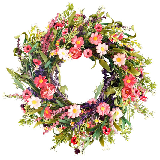 Qingbei Rina Spring Wreaths for Front Door, 22 Inch Door Wreath for Decorating with Daisy and Lavender, Wildflower Wreaths Indoor Outdoor, Home Windows Wall Farmhouse Wedding Decor