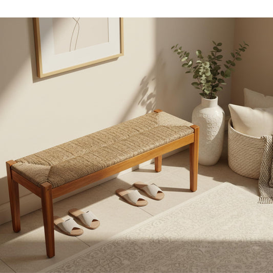 Vintage Entryway Bench, 47 inch Acacia Wood Bench with Woven Seagrass Seat, Entryway Bench, Wicker Benc Indoor for Hallway, End of Bed, Rustic Farmhouse Boho Style, Indoor Decorative Bench (Brown)