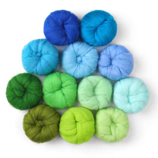 Wonvoc Needle Felting Wool, 12 Colors Wool Roving, 10g per Color 4.23 oz Total, Fibre Wool Yarn Roving, for Hand Spinning Needle Felting DIY Wool Crafts, Green and Blue