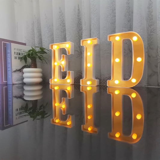 3Pcs LED EID Light Up Letters, Battery-Powered Letters Sign Lights, Warm White Decorative Night Lights for Party Home Wall Table Decor Muslim Lights Holiday Supplies