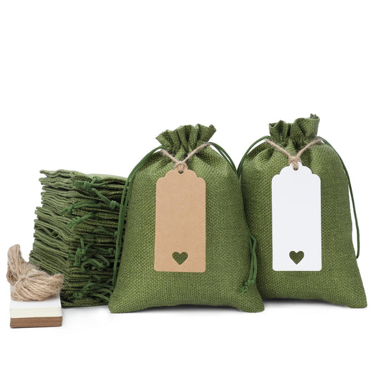 Tapleap Green Burlap Gift Bags with Drawstring - 30Pcs 5x7 Sacks for Wrapping Memorial Day Favors, DIY Craft, Body Butters, Souvenirs, For Small Business, Wedding, Customers