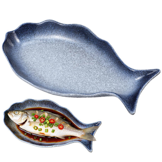 Cabilock 12 Inch Ceramic Fish Shaped Plate, Blue Porcelain Steamed Fish Platter, Deep Seafood Serving Dish for Sushi & Appetizers, Decorative Food Tray for Home Restaurant Kitchen
