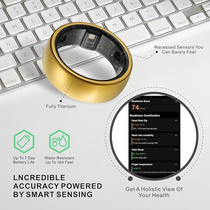 Smart Ring, Activity Trackers, Sleep Ring, Fitness Tracking, Stress Tracker, Heart Rate, Meditation, Temperature, Respiratory, No App Subscription, Women, Men, iOS, Android (Golden, 9)