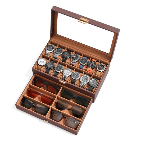 sensok Watch Case Box for Men – 14 Slots Watch Display Organizer with 6-Compartment Eyeglasses Storage, Real Glass Lid 2-Layer PU Leather Collection Holder Gift for Loved Ones Brown