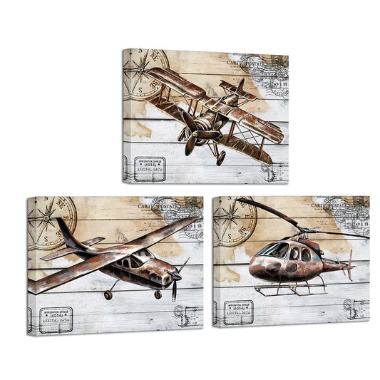 KLVOS Airplane Canvas Wall Art Retro Biplane Propeller Plane Helicopter Picture on Wood Texure Giclee Print Artwork Stretched and Framed Aircraft for Kids Boy Room Wall Decor 12x16inchx3pcs