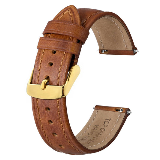 BISONSTRAP Retro Leather Watch Straps for Men, Oil Waxed Calfskin Replacement Band, Quick Release, 19mm, Toffee Brown (Gold Buckle)