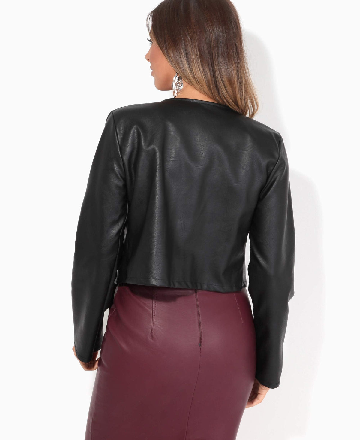 KRISP Women PU Leather Cropped Jacket Long Sleeve Bolero[4432-BLK-L] Black, Large