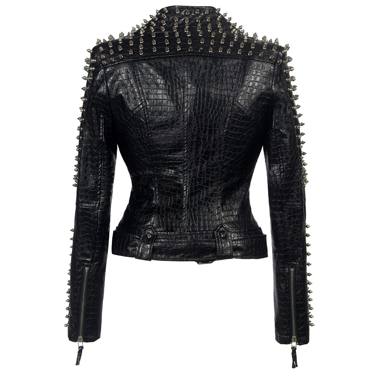 SX Women Punk Faux Leather PU Black Jacket Studded Rivet Fashion Streetwear Motorcycle Coat (L, Black)