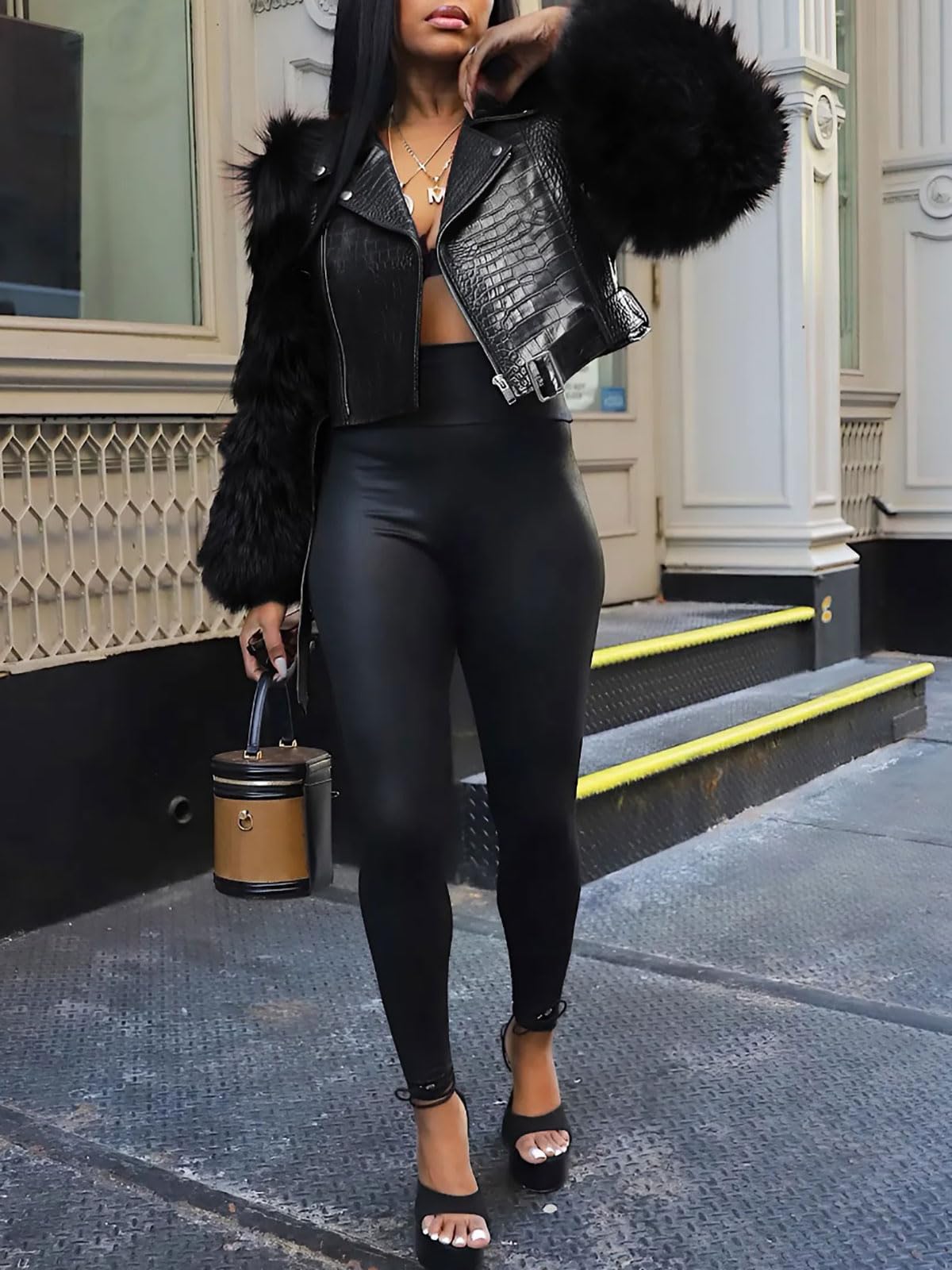 Akmipoem Leather Jacket Women Cropped PU Moto Coat Faux Fur Sleeve Short Biker Jackets Fall Streetwear with Belt Black M