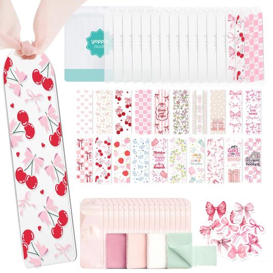 YOPPIX 6x2” Acrylic Bookmark Blanks- 20 Set Bookmark Making Kit with 20 UV DTF Stickers About Bow Theme 20 Ribbon 80 Bookish Stickers for DIY Your Crafts Gift for Book Lover
