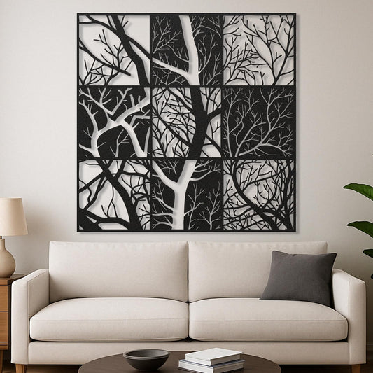 Modern Tree Branch Metal Wall Art Abstract Black and White Sculpture for Living Room, Office, Hallway, Nature-Inspired Home Decor (Black, 35" x 35" / 90 x 90 cm)