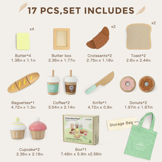 17 PCS Wooden Bakery Toy Food Playset for Kids, Pretend Picnic Play Food for Toddlers 3+, Play Kitchen Accessories with Shopping Bag, Cutting Food Toys, Gift for Girls Boys and Girls