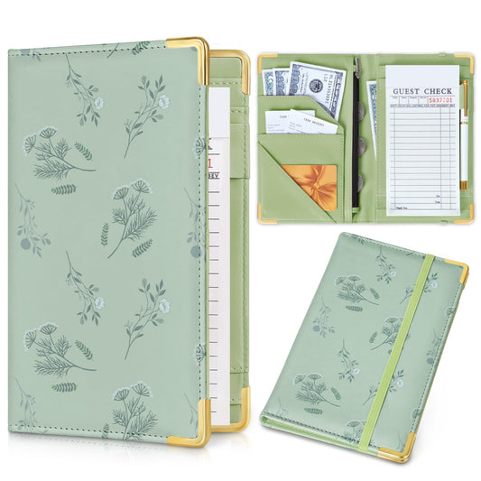 Server Book, Faux Leather Server Books for Waitress, Cute Servers Book with Zipper Pocket & Pen Holder, Serving Books Fits Servers Apron, Sage-Green